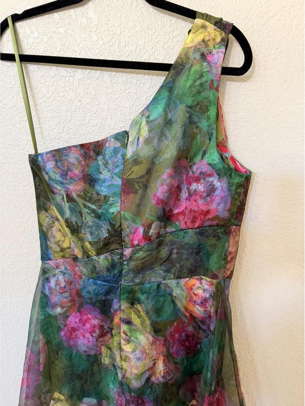 New Xscape Evenings One-Shoulder Floral Organza Gown In Green/ Multi Sz 8 $298 - Picture 10 of 13